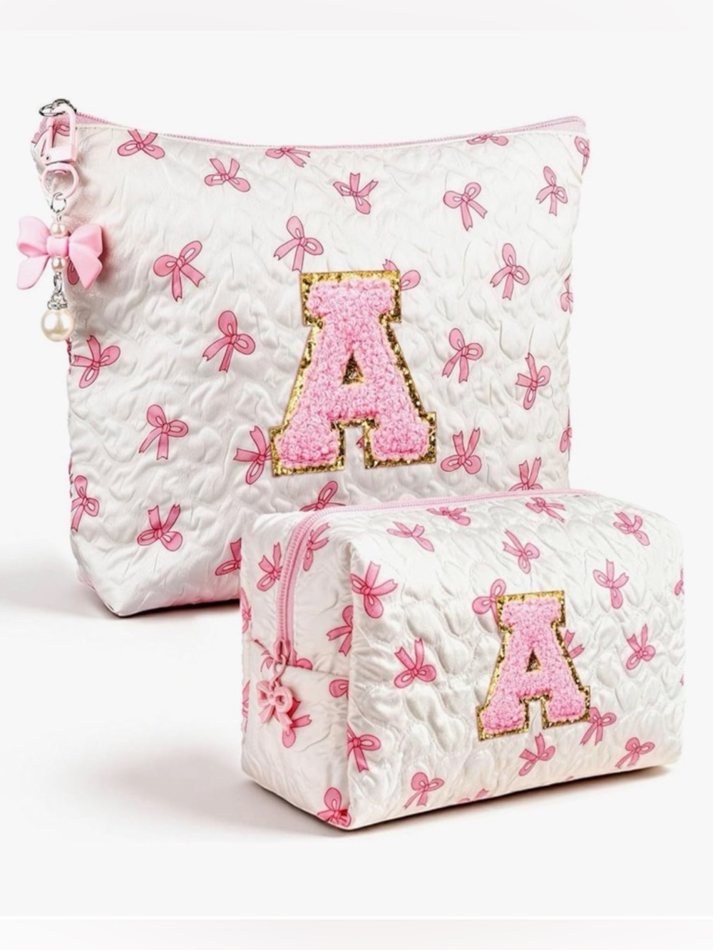 NEW Personalized Pink Bow Quilted Makeup Bag Set with 'A' Patch - Picture 3 of 3